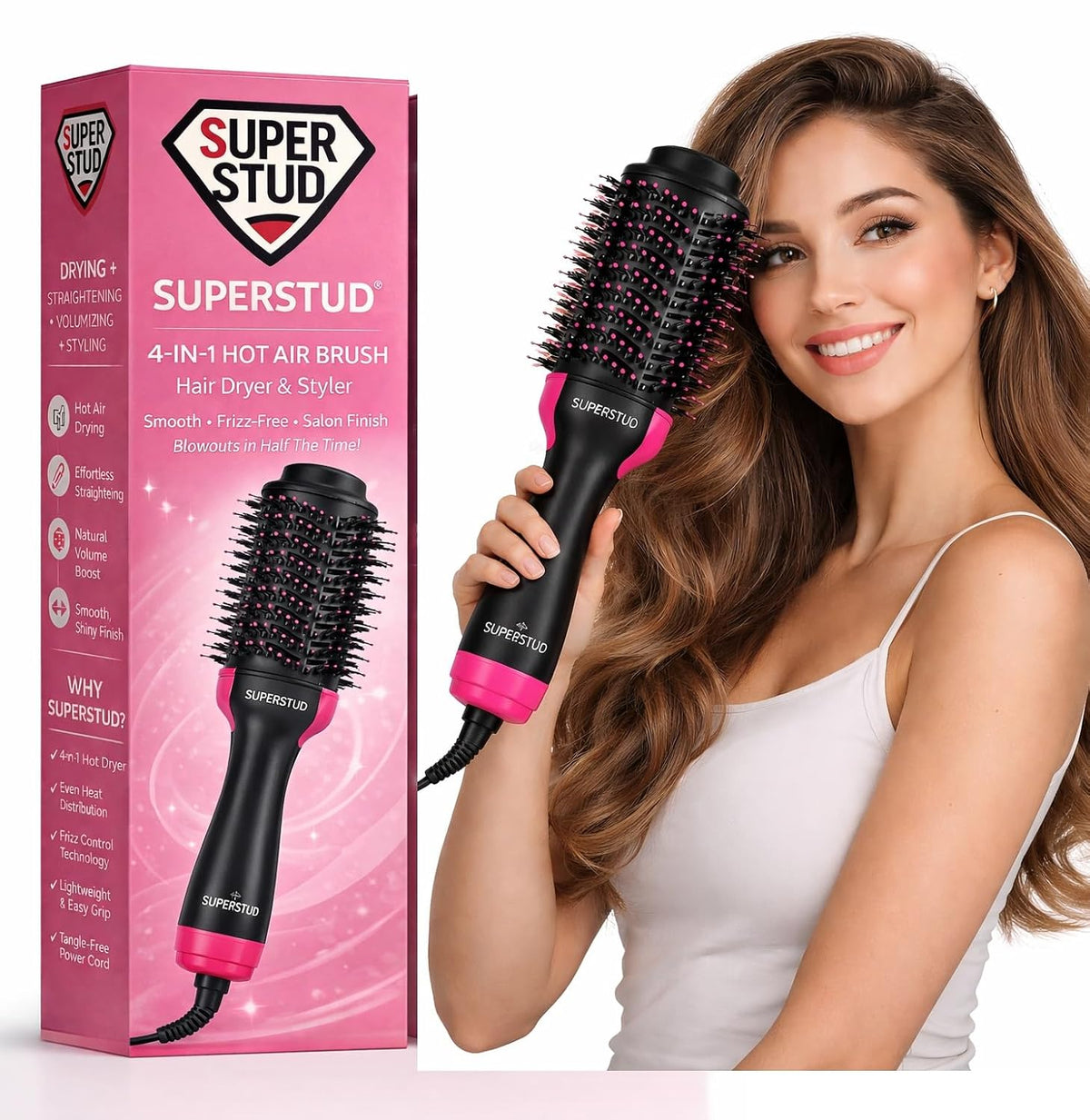 SUPERSTUD 4-in-1 Hot Air Brush – Hair Dryer, Straightener & Volumizer for Women