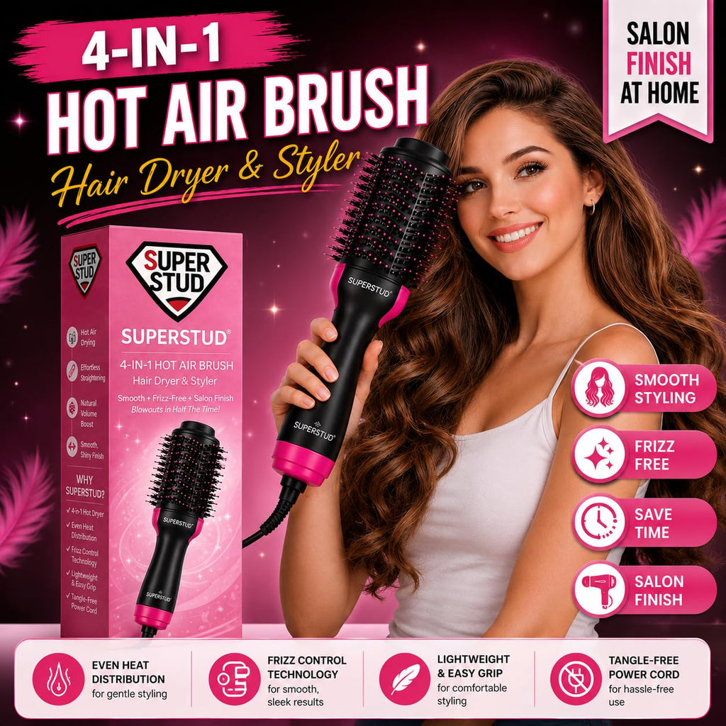 SUPERSTUD 4-in-1 Hot Air Brush – Hair Dryer, Straightener & Volumizer for Women