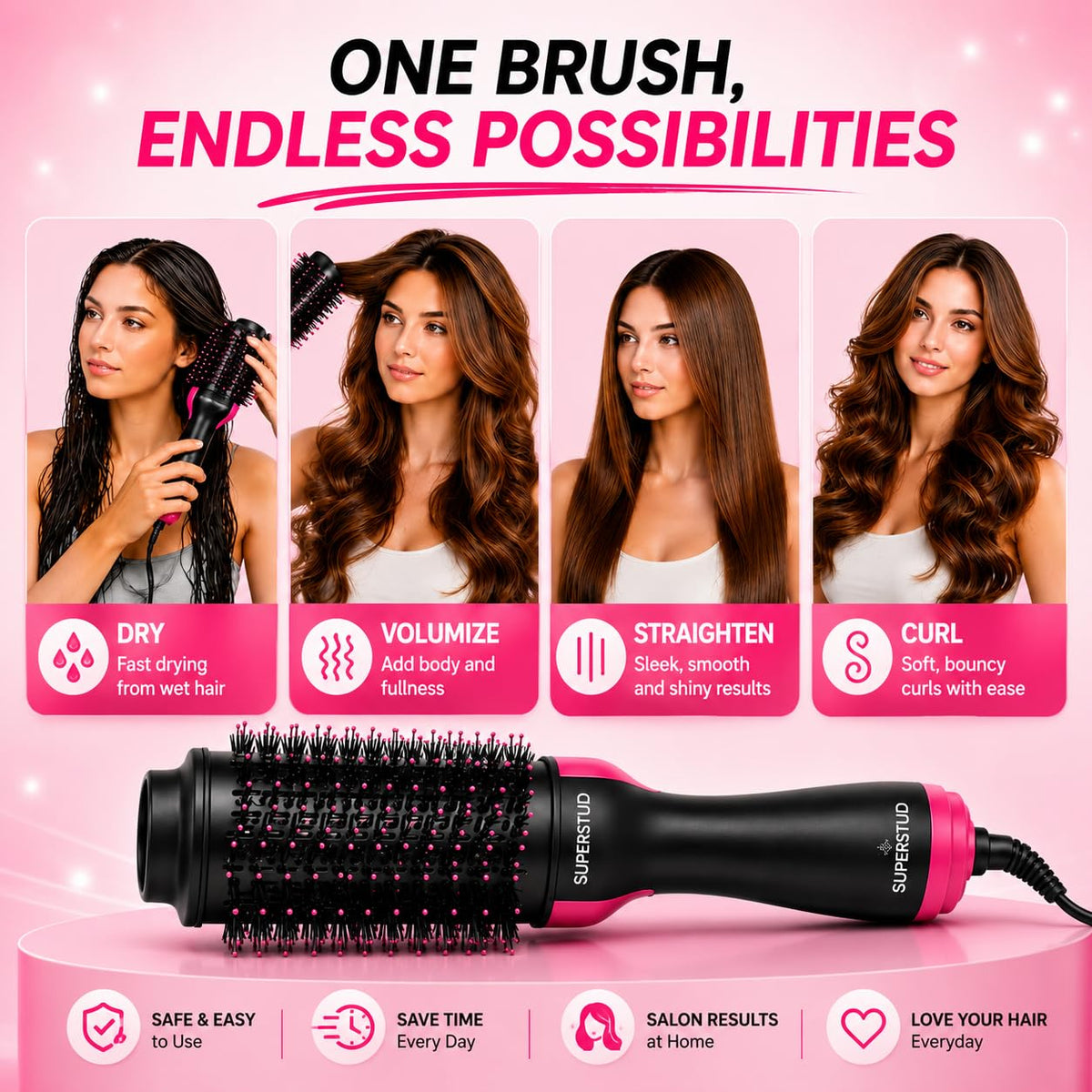 SUPERSTUD 4-in-1 Hot Air Brush – Hair Dryer, Straightener & Volumizer for Women