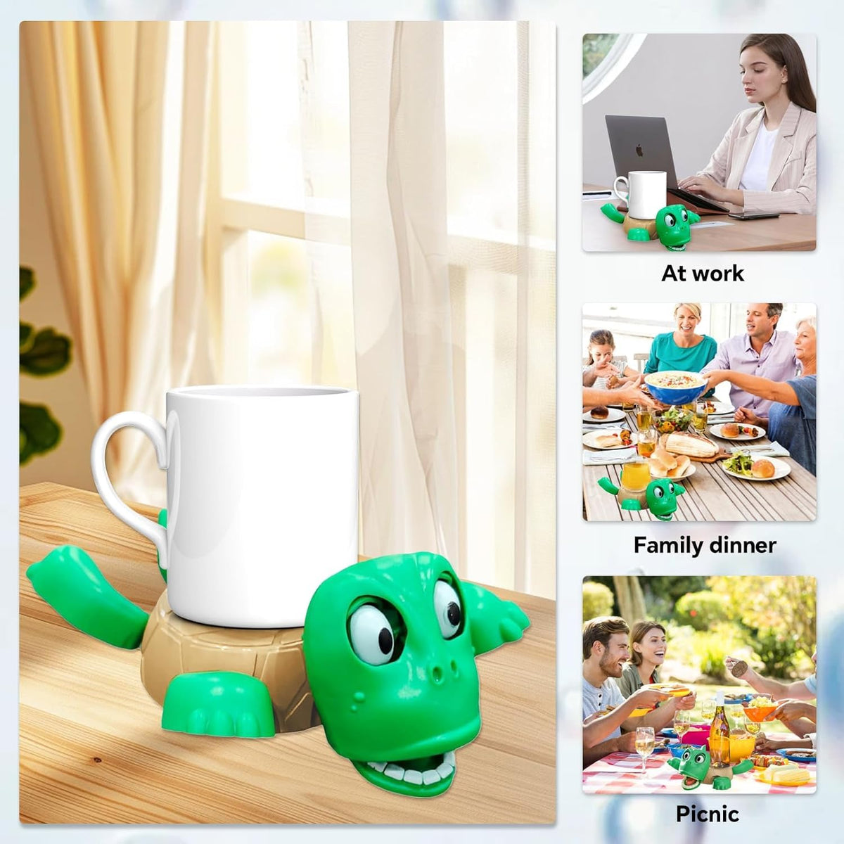 Turtle Coaster with Funny Expression Turtle Cup Holder for Cups/Mugs/Wine/Coffee/Waterbottle for Desk Decor, Kitchen, Office Gift for Men/Women/Kids (1, Green) || No Sound ||