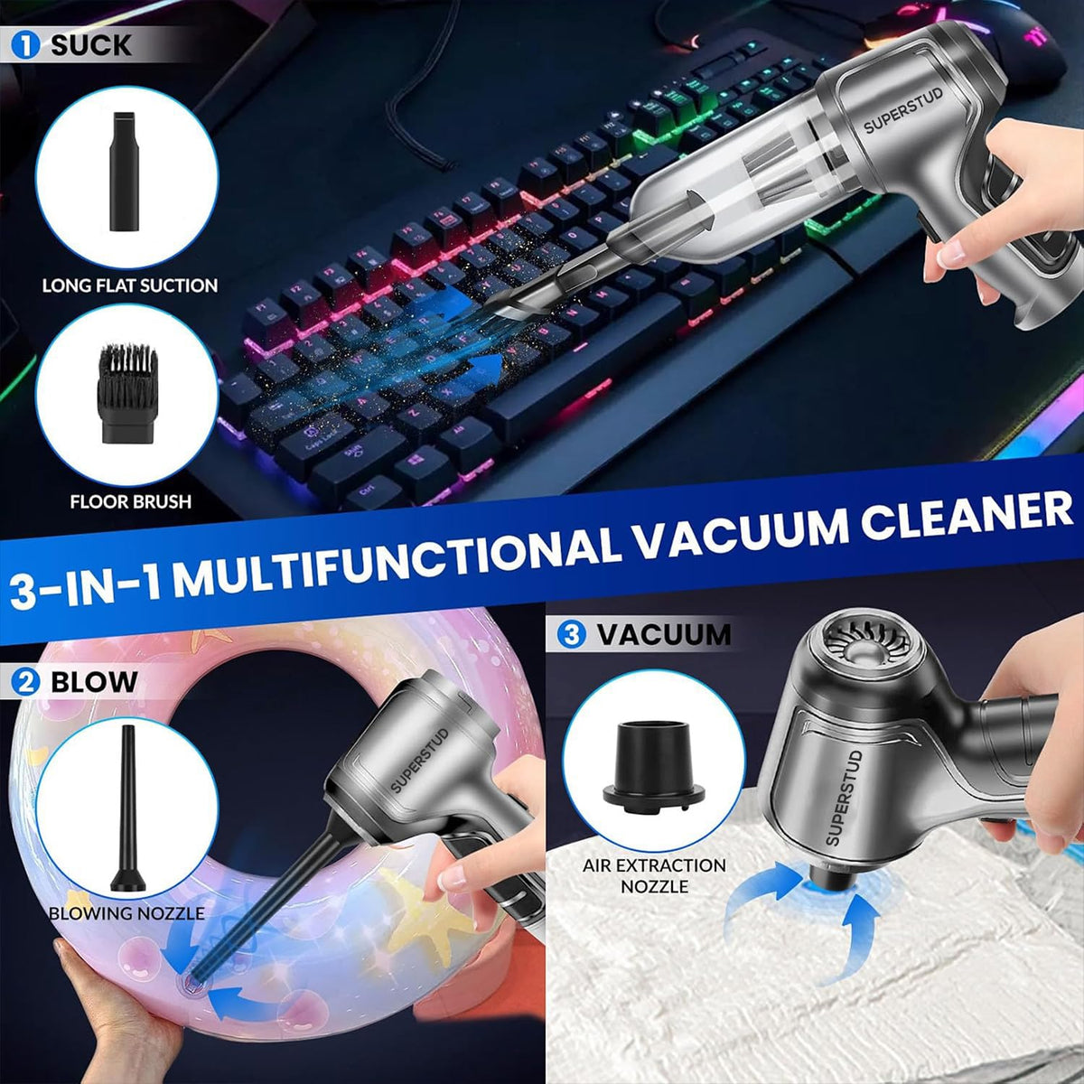 SUPERSTUD 3-in-1 Wet & Dry Vacuum Cleaner with Blower & 6 Attachments – Rich Grey