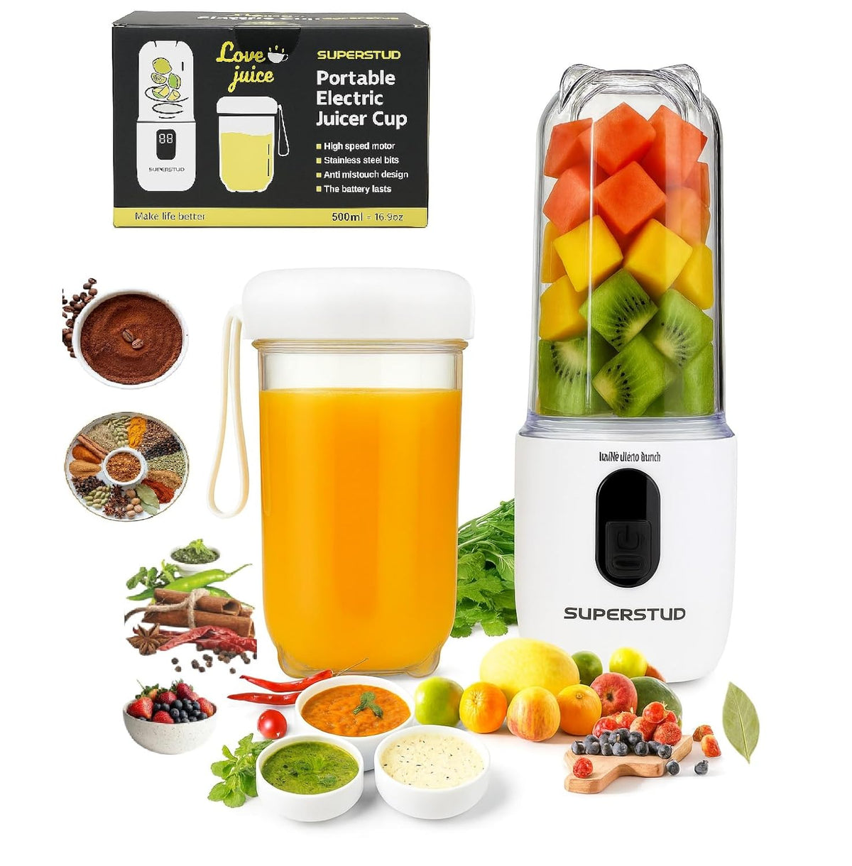 SUPERSTUD Mini Blender 2-Jar | 500ml x 2 | 230W | Type-C Rechargeable