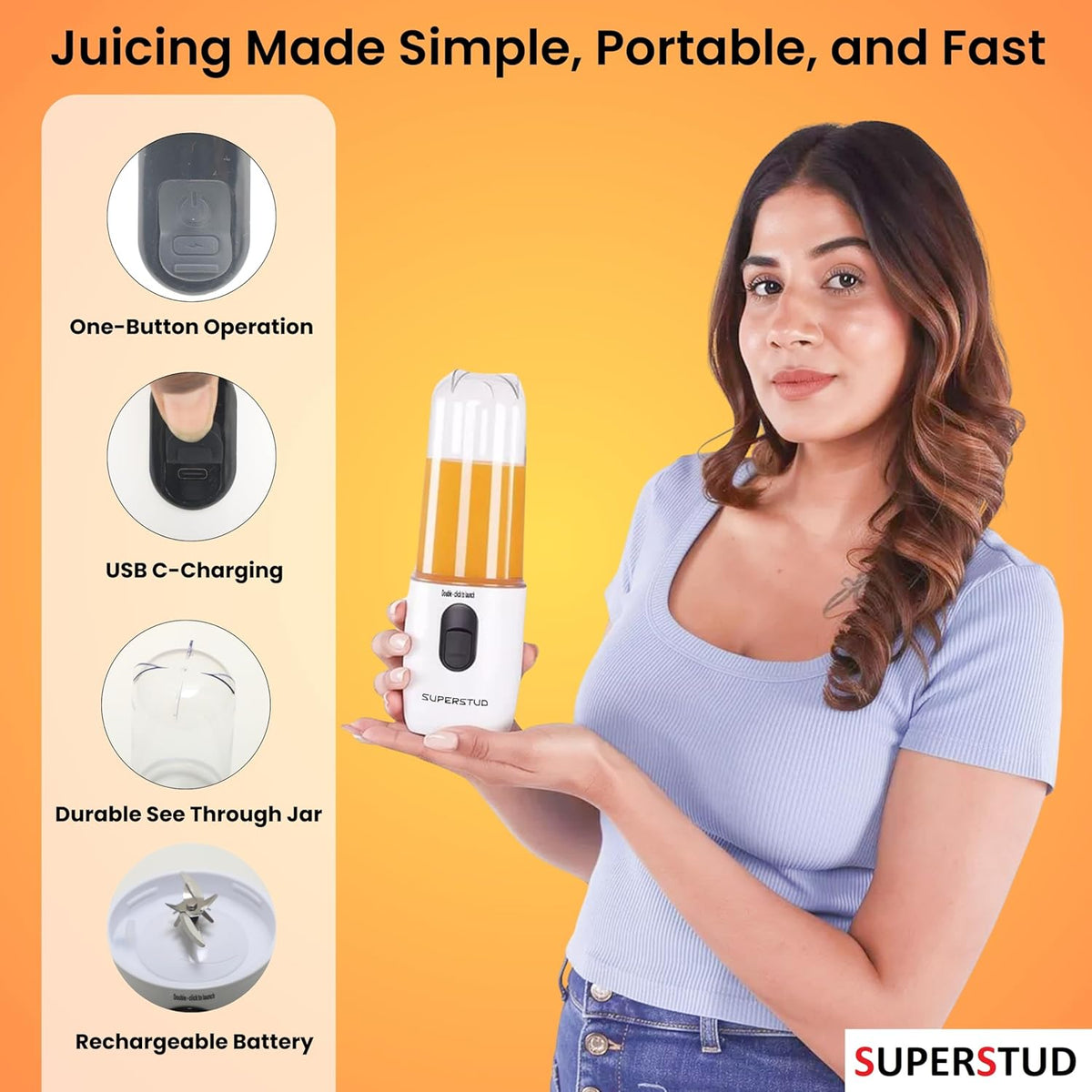 SUPERSTUD Mini Blender 2-Jar | 500ml x 2 | 230W | Type-C Rechargeable