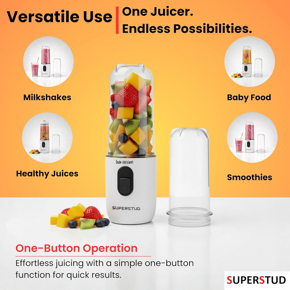 SUPERSTUD Mini Blender 2-Jar | 500ml x 2 | 230W | Type-C Rechargeable